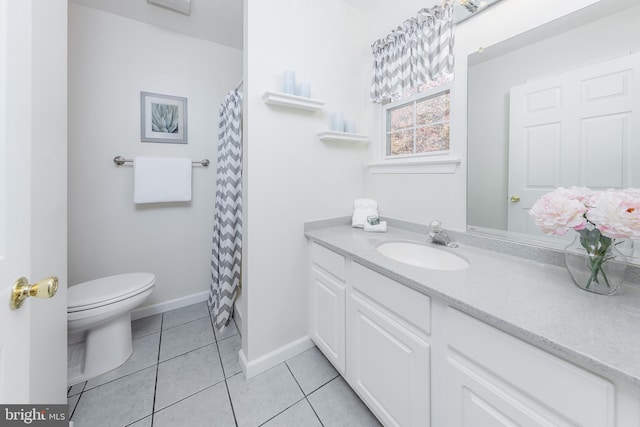 bathroom with toilet, tile patterned floors, vanity, baseboards, and a shower with curtain