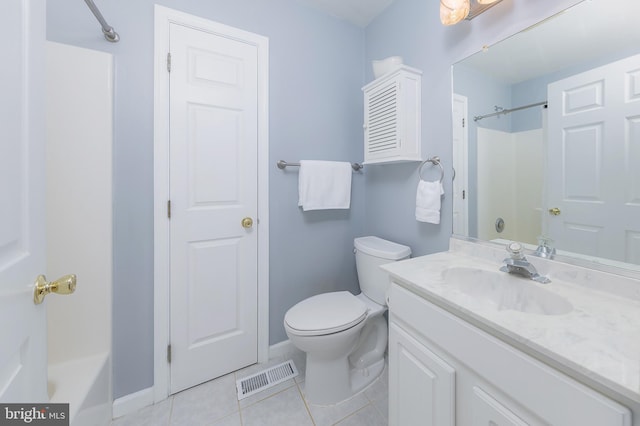 full bathroom with visible vents, toilet, tile patterned flooring, vanity, and shower / washtub combination