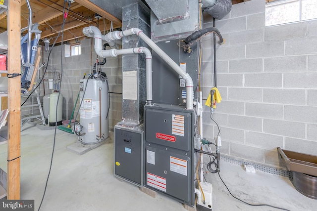 utility room featuring water heater and heating unit