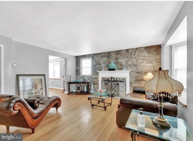 living room featuring a fireplace and light hardwood / wood-style flooring