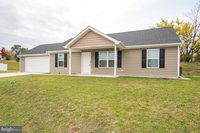 ranch-style home with a front lawn and a garage