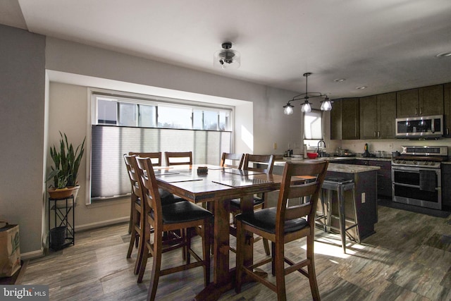 dining space featuring sink and dark wood-type flooring