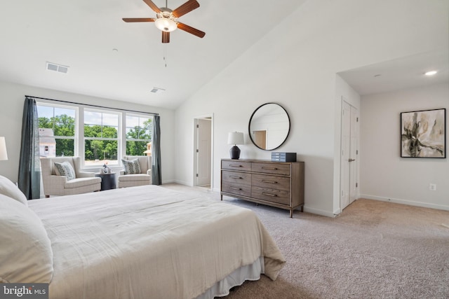 carpeted bedroom featuring high vaulted ceiling and ceiling fan