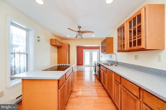 kitchen featuring black electric cooktop, light hardwood / wood-style floors, sink, and a wealth of natural light