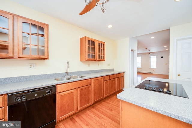 kitchen with light hardwood / wood-style floors, black appliances, sink, and ceiling fan