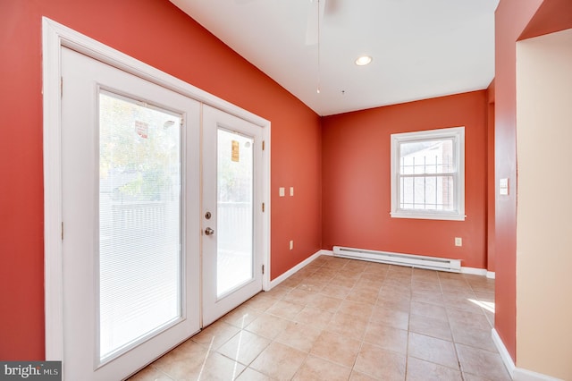 doorway featuring french doors, ceiling fan, a baseboard radiator, and light tile patterned floors