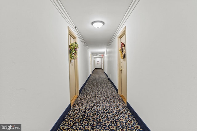 hallway with crown molding and dark carpet