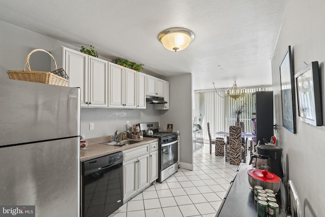 kitchen featuring stainless steel appliances, under cabinet range hood, a sink, light tile patterned floors, and light countertops