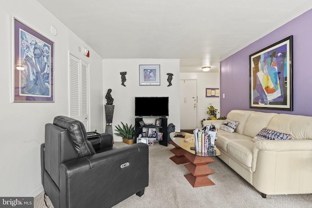 living room featuring light colored carpet