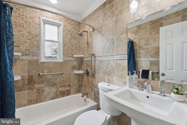 full bathroom with toilet, crown molding, sink, shower / tub combo with curtain, and tile walls