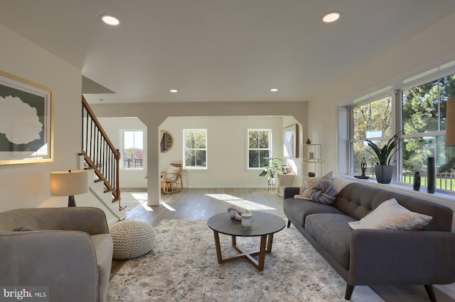 living room featuring light hardwood / wood-style flooring and plenty of natural light