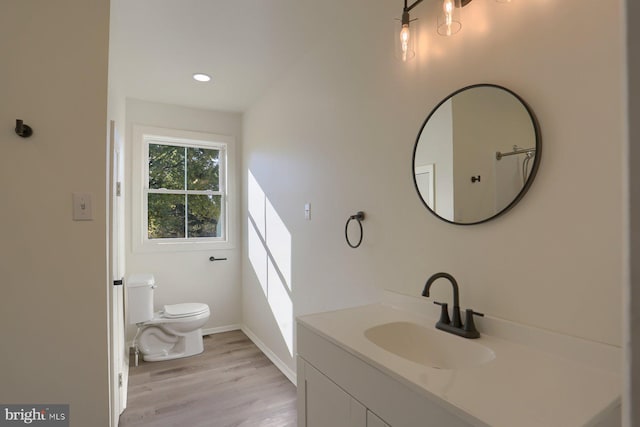 bathroom featuring vanity, toilet, and hardwood / wood-style floors