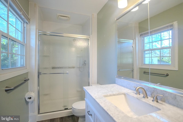 bathroom featuring wood-type flooring, toilet, vanity, and a shower with shower door