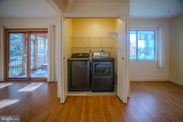 laundry area with washer and clothes dryer, wood-type flooring, and a healthy amount of sunlight