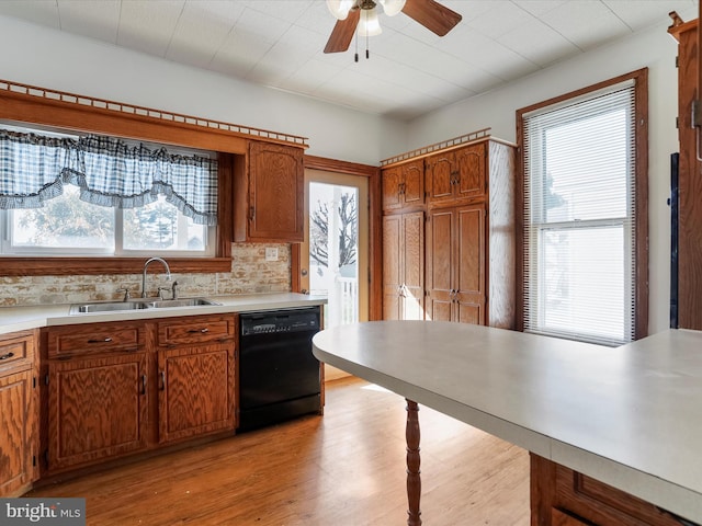 kitchen featuring a wealth of natural light, black dishwasher, sink, and light hardwood / wood-style flooring