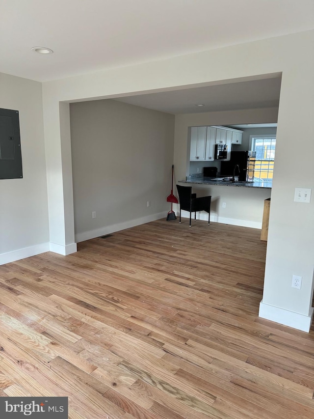 unfurnished room featuring electric panel, sink, and light wood-type flooring