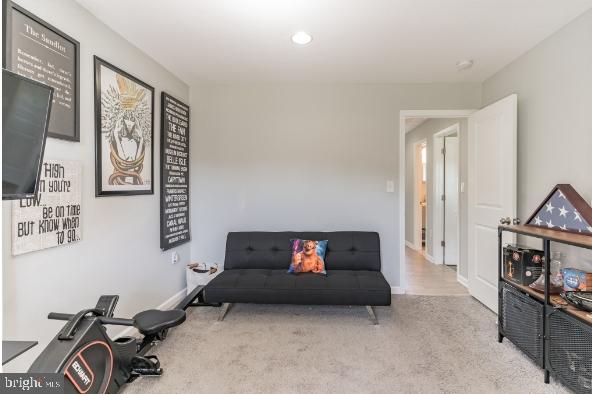 sitting room featuring light colored carpet