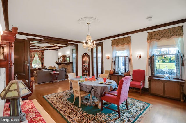 dining room featuring ornamental molding, an inviting chandelier, and hardwood / wood-style floors