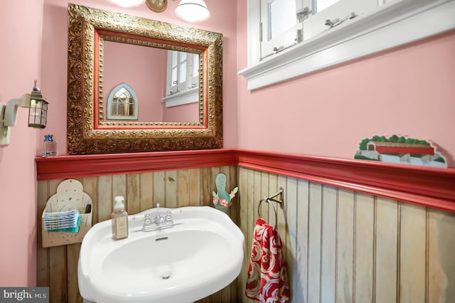 bathroom featuring wooden walls, a sink, and wainscoting