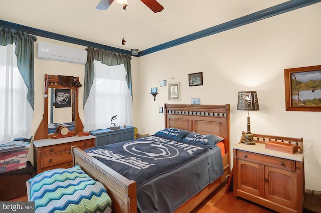 bedroom featuring ceiling fan, an AC wall unit, multiple windows, and dark hardwood / wood-style floors