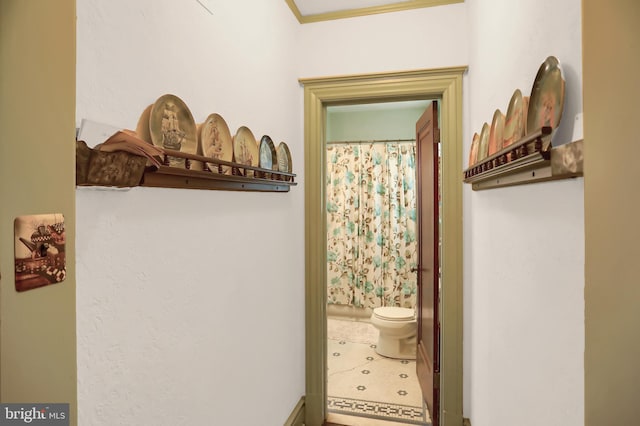 bathroom featuring toilet, crown molding, and a shower with shower curtain