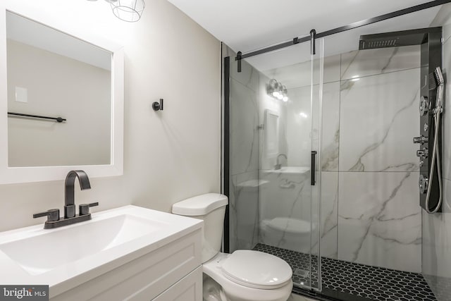 bathroom featuring vanity, a shower with shower door, and toilet