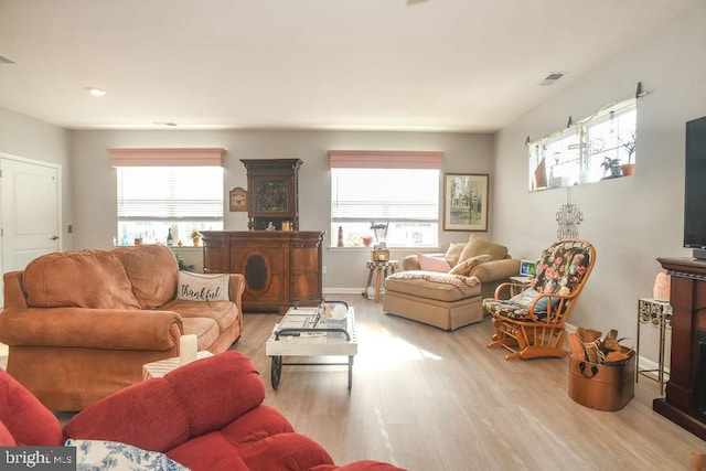 living room with light hardwood / wood-style flooring and a healthy amount of sunlight