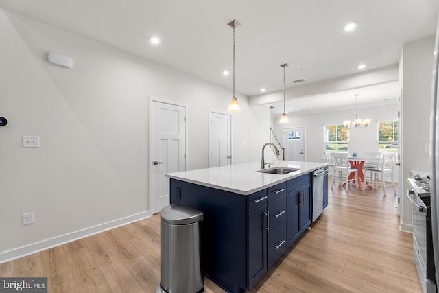 kitchen with light hardwood / wood-style floors, stainless steel appliances, sink, and a kitchen island with sink