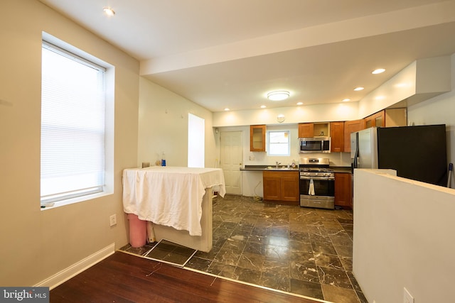 kitchen featuring stainless steel appliances, sink, and dark hardwood / wood-style flooring