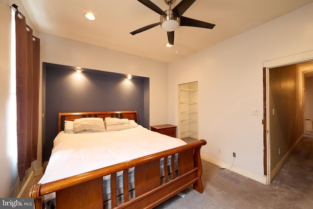 carpeted bedroom with ceiling fan