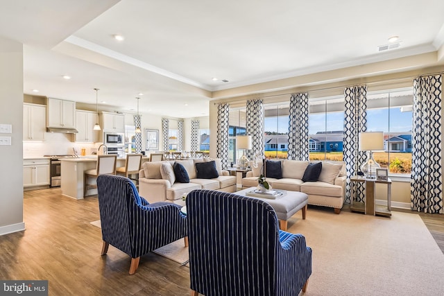 living room featuring light hardwood / wood-style floors and ornamental molding