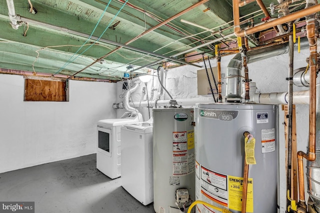 utility room featuring gas water heater and independent washer and dryer