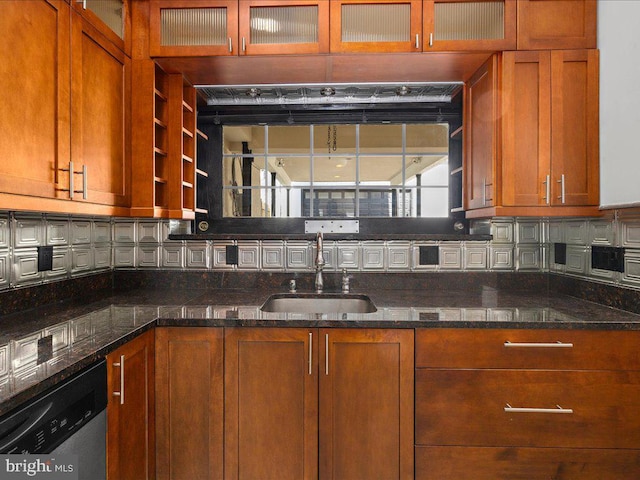 kitchen featuring dishwasher, sink, dark stone counters, and tasteful backsplash