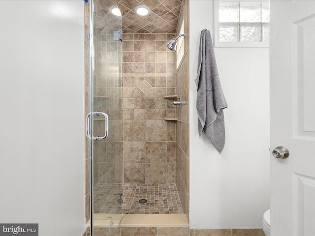 bathroom featuring toilet and a shower stall