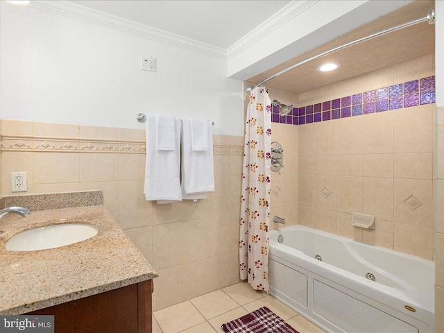 bathroom featuring vanity, tile patterned floors, crown molding, tile walls, and shower / tub combo