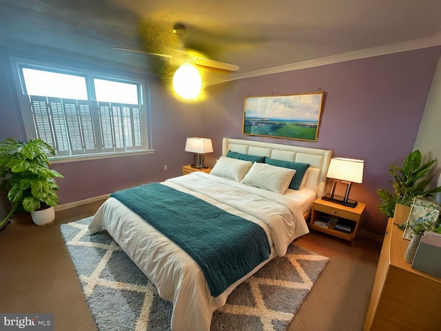 bedroom featuring ceiling fan and crown molding