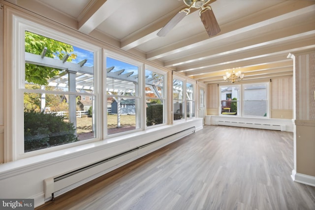 unfurnished sunroom featuring plenty of natural light, beam ceiling, and baseboard heating