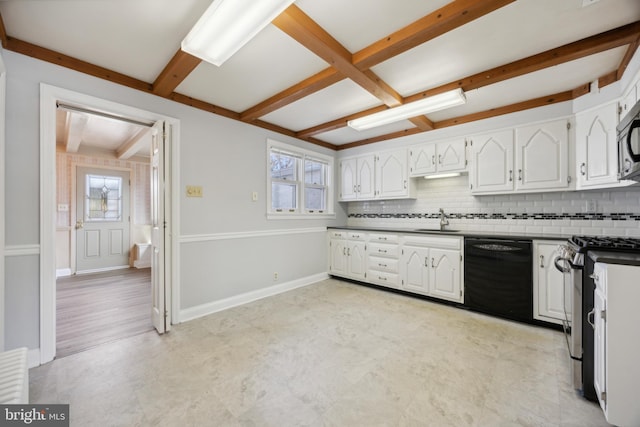 kitchen with beamed ceiling, white cabinets, stainless steel appliances, and tasteful backsplash