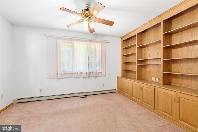 interior space featuring ceiling fan, a baseboard radiator, and light colored carpet