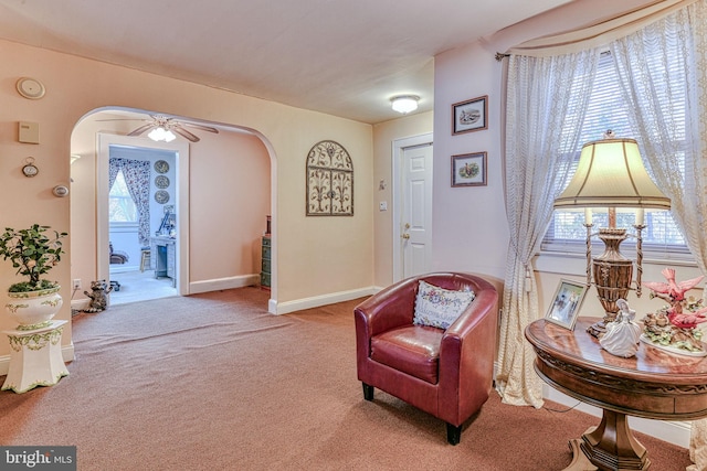 living area with ceiling fan and carpet