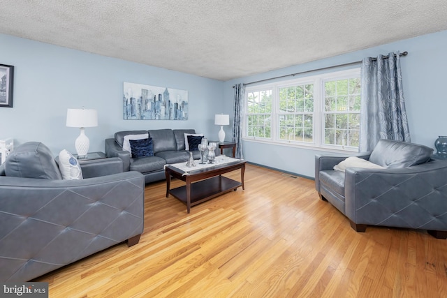 living room with light hardwood / wood-style flooring and a textured ceiling