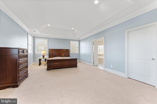 20069 Forest Farm Ln, Ashburn, VA 20147 - carpeted bedroom featuring ensuite bath, recessed lighting, crown molding, a tray ceiling, and baseboards