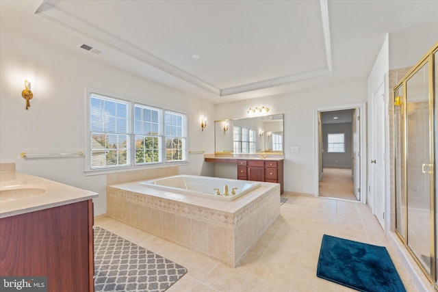20069 Forest Farm Ln, Ashburn, VA 20147 - bathroom featuring a stall shower, a tray ceiling, tile patterned floors, visible vents, and vanity