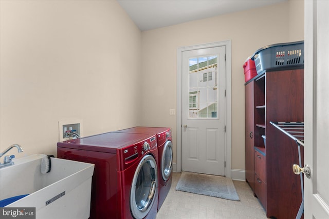 20069 Forest Farm Ln, Ashburn, VA 20147 - laundry area with a sink, laundry area, tile patterned floors, washer and clothes dryer, and baseboards