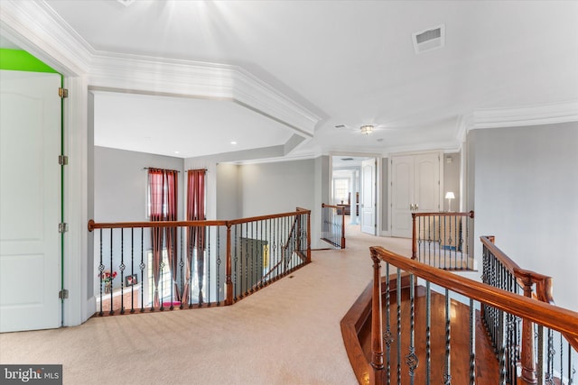 20069 Forest Farm Ln, Ashburn, VA 20147 - corridor featuring ornamental molding, an upstairs landing, visible vents, and carpet