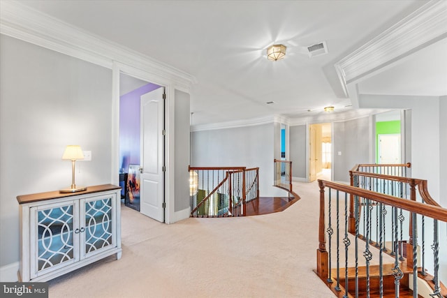 20069 Forest Farm Ln, Ashburn, VA 20147 - hallway featuring baseboards, carpet flooring, visible vents, crown molding, and an upstairs landing