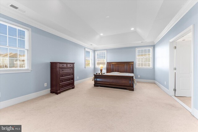 20069 Forest Farm Ln, Ashburn, VA 20147 - carpeted bedroom with a tray ceiling, crown molding, baseboards, and visible vents