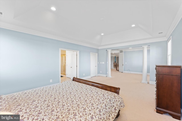 20069 Forest Farm Ln, Ashburn, VA 20147 - bedroom with a tray ceiling, decorative columns, light colored carpet, ornamental molding, and recessed lighting