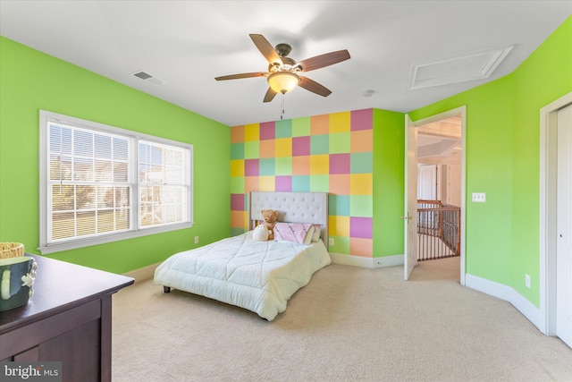 20069 Forest Farm Ln, Ashburn, VA 20147 - carpeted bedroom with a ceiling fan, wallpapered walls, attic access, baseboards, and visible vents