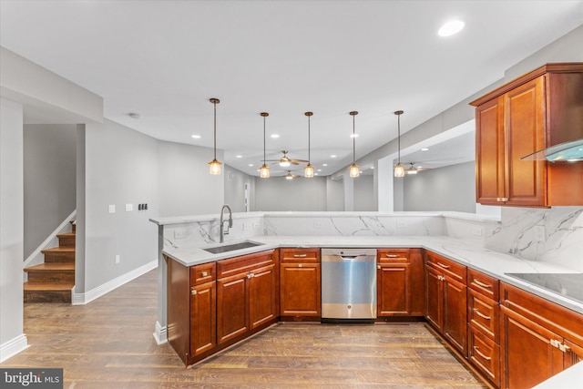 20069 Forest Farm Ln, Ashburn, VA 20147 - kitchen with a ceiling fan, stainless steel dishwasher, light stone counters, a sink, and dark wood-style floors